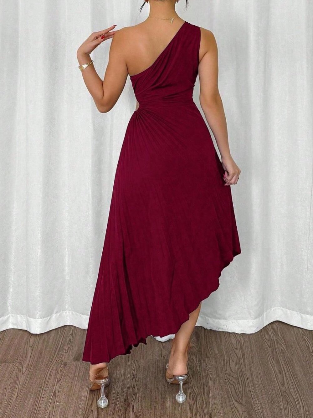 Burgundy Elegant Women's Sleeveless Pleated Mid-Length Dress - Picture 6 of 8